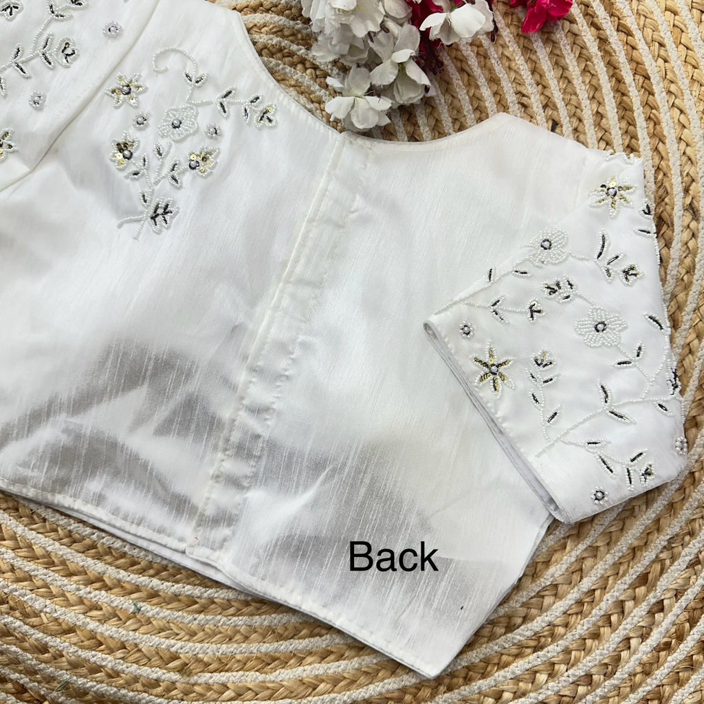 White Handcrafted Jilmil Silk Blouse with Intricate Embroidery ClothsVilla