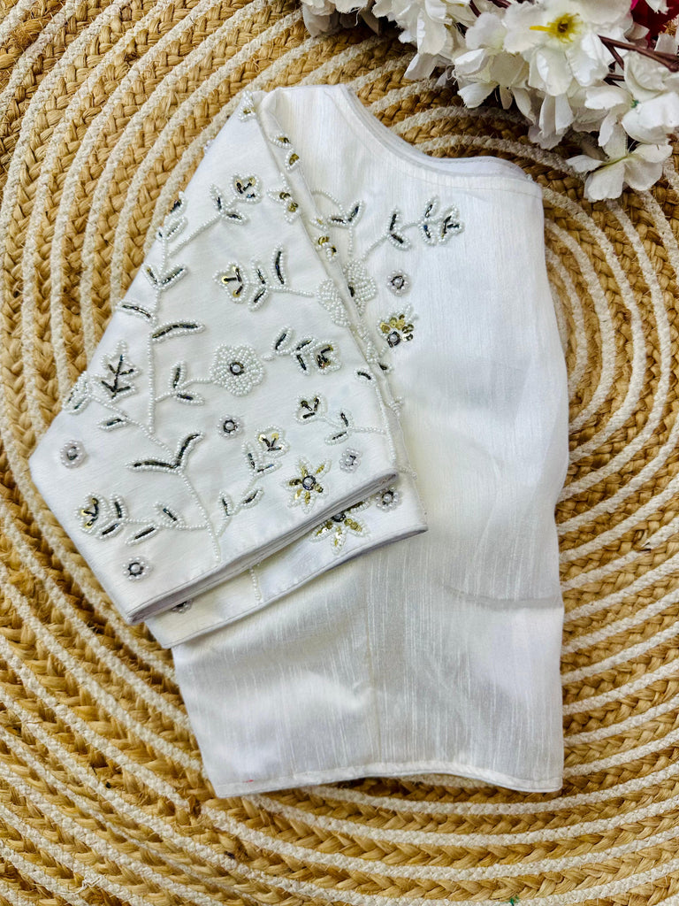 White Handcrafted Jilmil Silk Blouse with Intricate Embroidery ClothsVilla