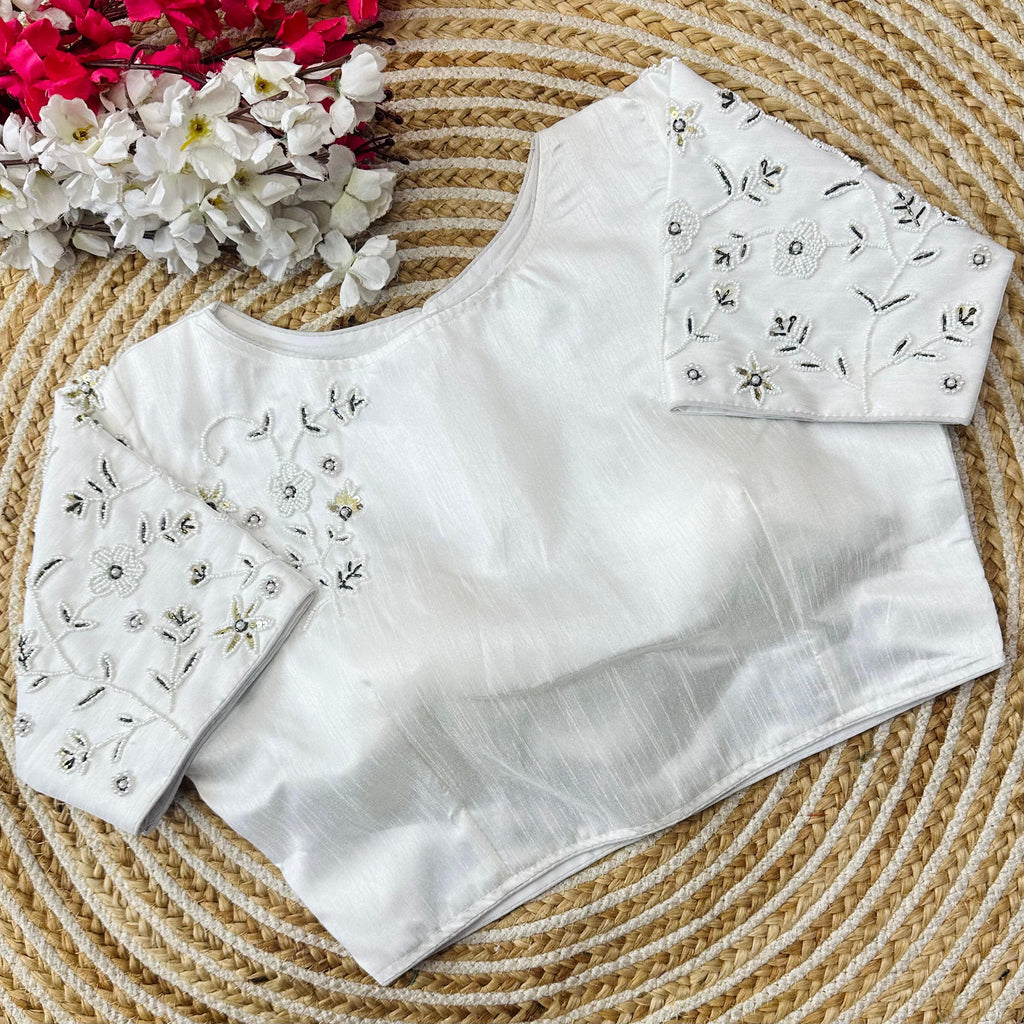 White Handcrafted Jilmil Silk Blouse with Intricate Embroidery ClothsVilla