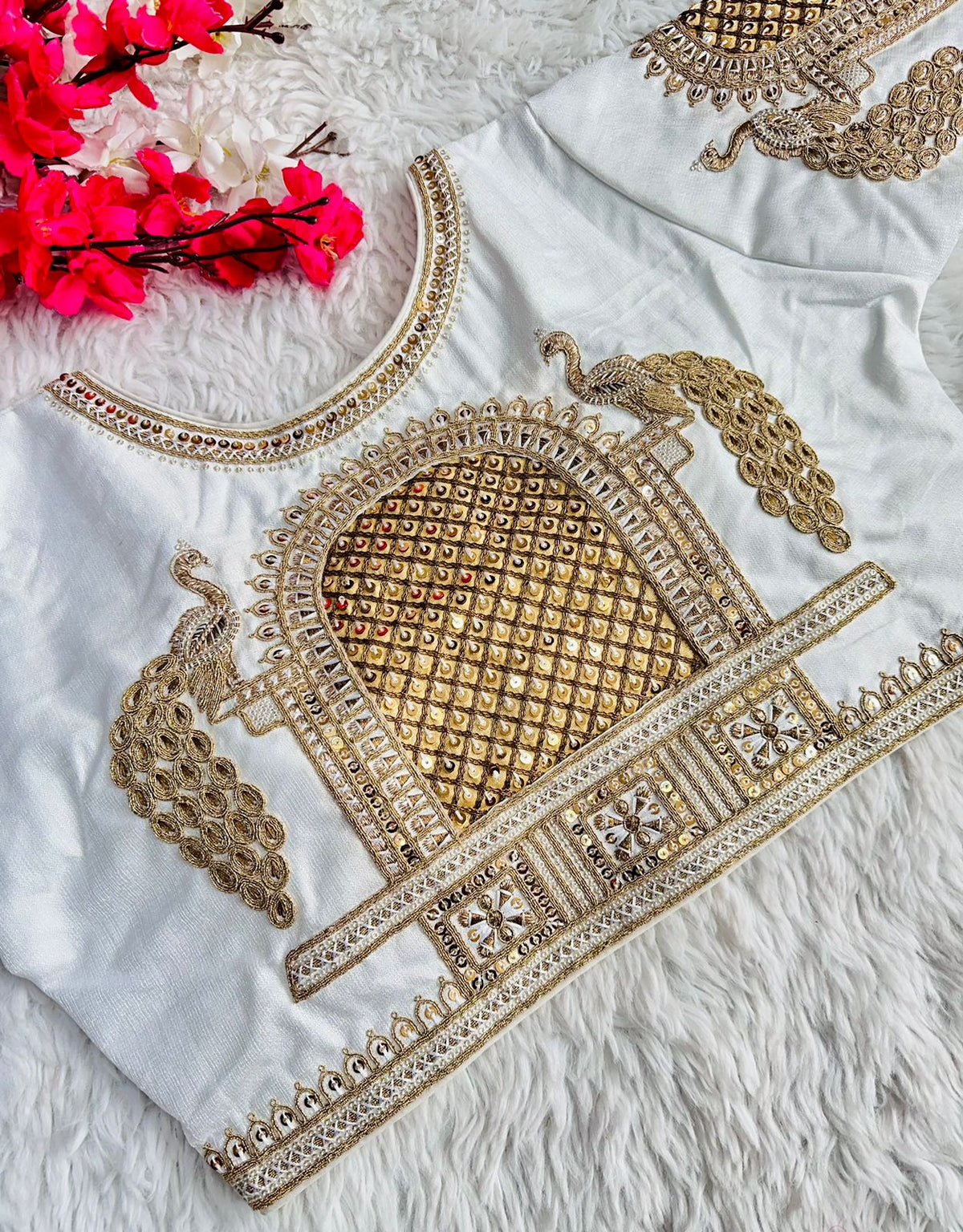 White Handcrafted Sequence Blouse in Watermelon Silk – Perfect Fit for Any Occasion ClothsVilla Main image