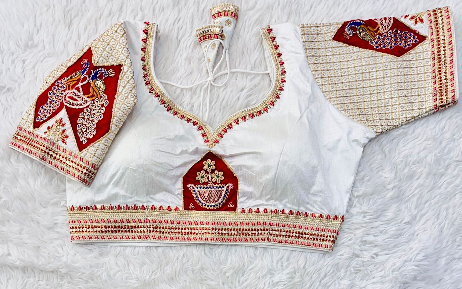 White Handcrafted Sequined Blouse in Dilkush Silk ClothsVilla Main image