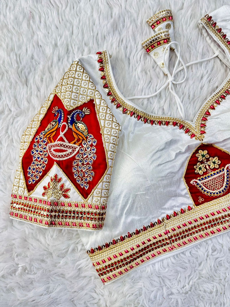 White Handcrafted Sequined Blouse in Dilkush Silk ClothsVilla