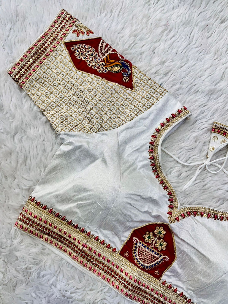 White Handcrafted Sequined Blouse in Dilkush Silk ClothsVilla