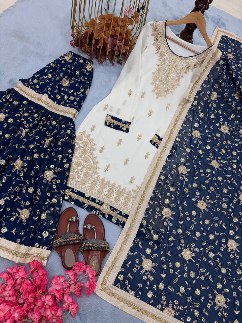 White Heavy Faux Georgette Embroidered 5mm Sequins Kurta Sharara Set with Lace Dupatta – Full Stitched ClothsVilla