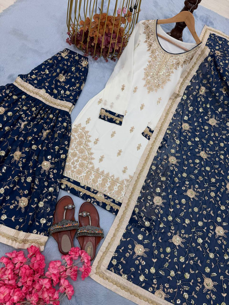 White Heavy Faux Georgette Embroidered 5mm Sequins Kurta Sharara Set with Lace Dupatta – Full Stitched ClothsVilla