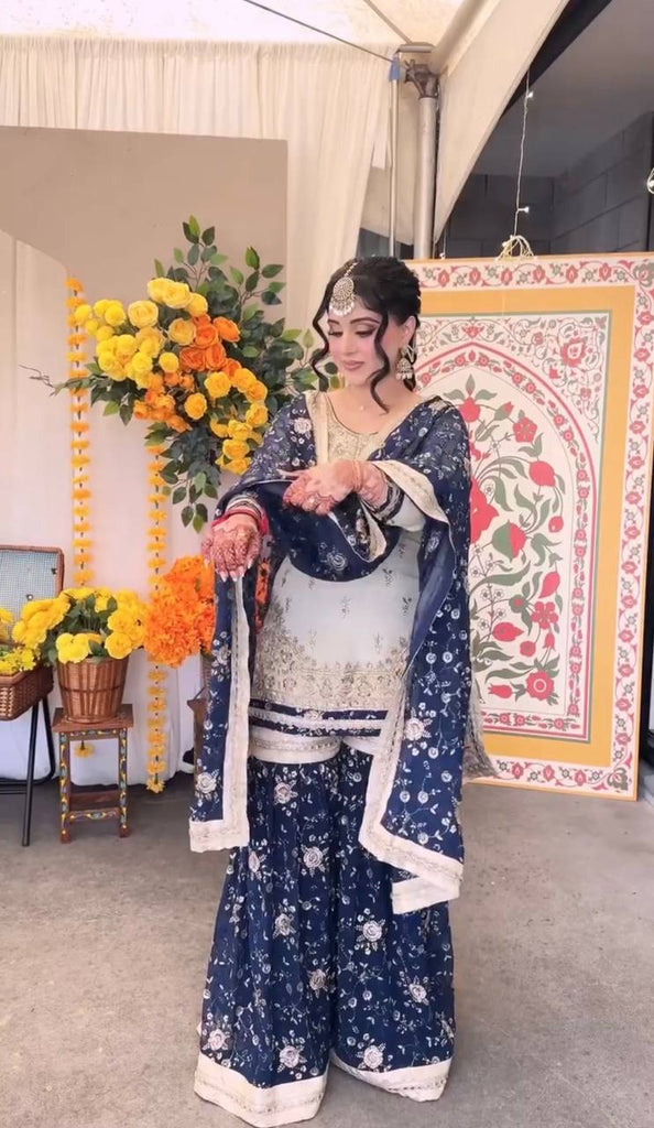 White Heavy Faux Georgette Embroidered 5mm Sequins Kurta Sharara Set with Lace Dupatta – Full Stitched ClothsVilla