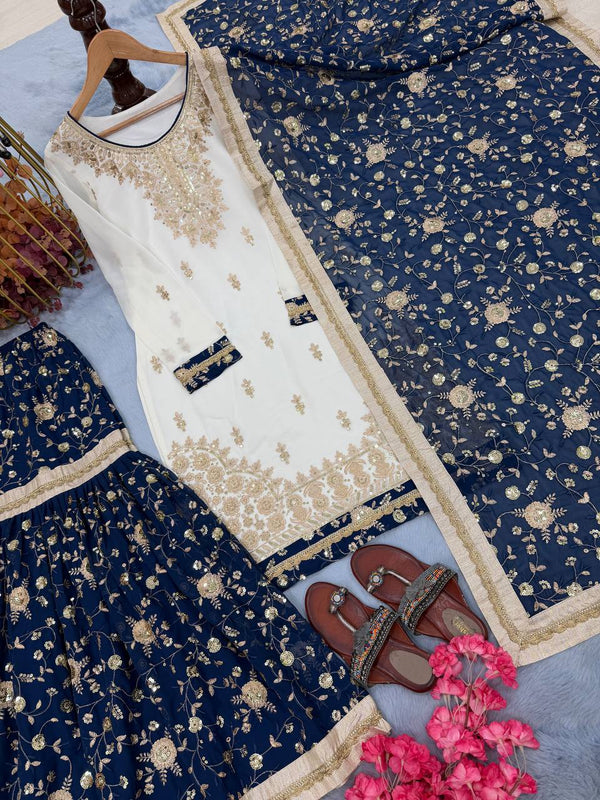 White Heavy Faux Georgette Embroidered 5mm Sequins Kurta Sharara Set with Lace Dupatta – Full Stitched ClothsVilla