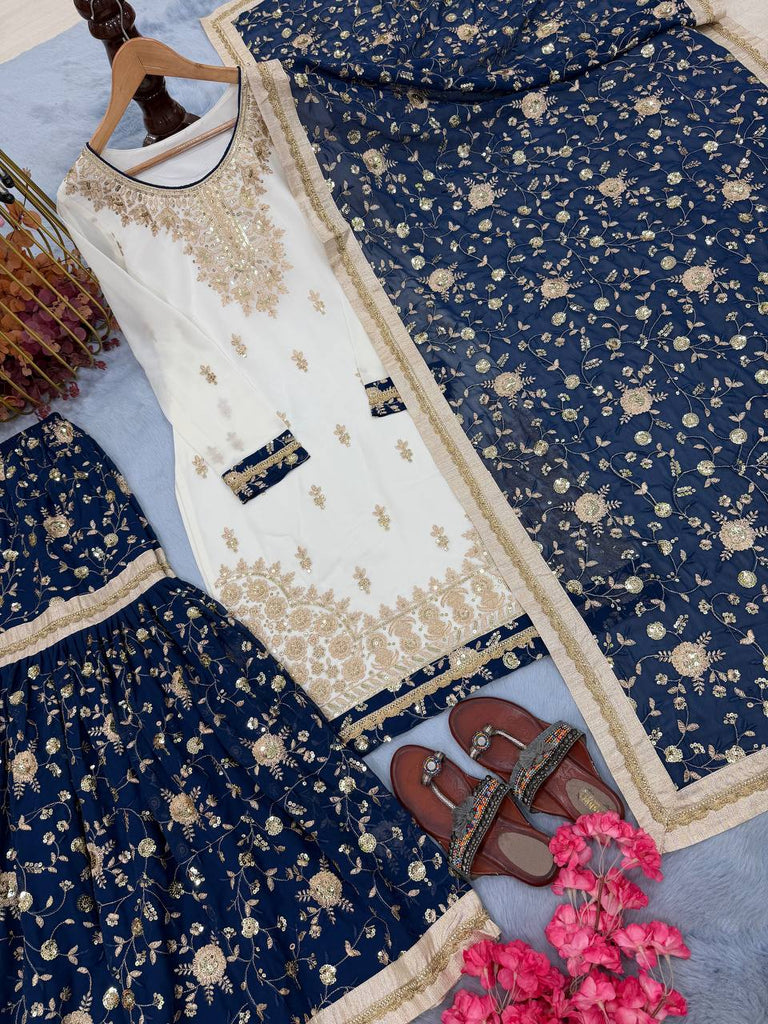 White Heavy Faux Georgette Embroidered 5mm Sequins Kurta Sharara Set with Lace Dupatta – Full Stitched ClothsVilla
