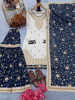 White Heavy Faux Georgette Embroidered 5mm Sequins Kurta Sharara Set with Lace Dupatta – Full Stitched ClothsVilla