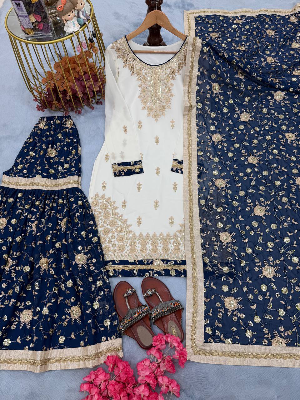 White Heavy Faux Georgette Embroidered 5mm Sequins Kurta Sharara Set with Lace Dupatta – Full Stitched ClothsVilla