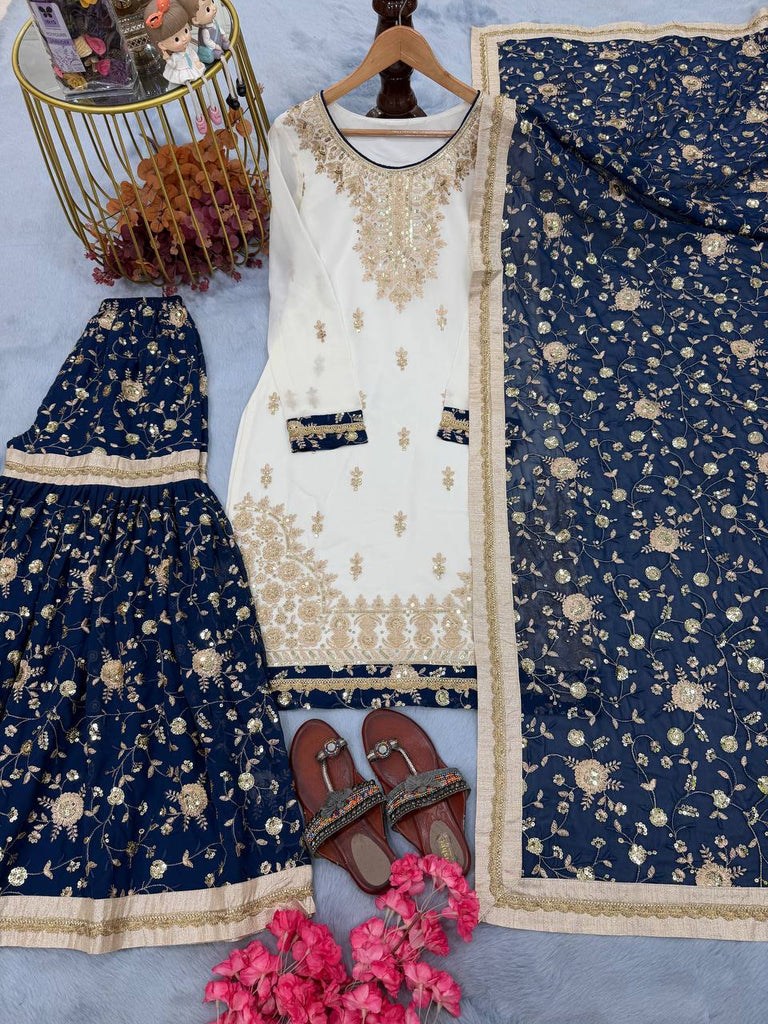 White Heavy Faux Georgette Embroidered 5mm Sequins Kurta Sharara Set with Lace Dupatta – Full Stitched ClothsVilla