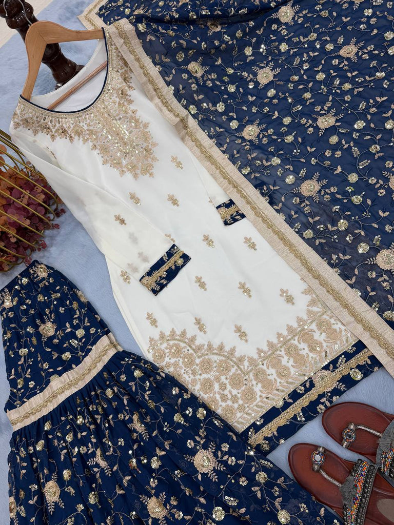 White Heavy Faux Georgette Embroidered 5mm Sequins Kurta Sharara Set with Lace Dupatta – Full Stitched ClothsVilla