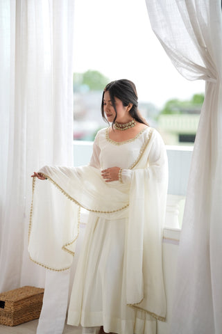 White Heavy Pure Mal Chanderi Anarkali Gown Clothsvilla