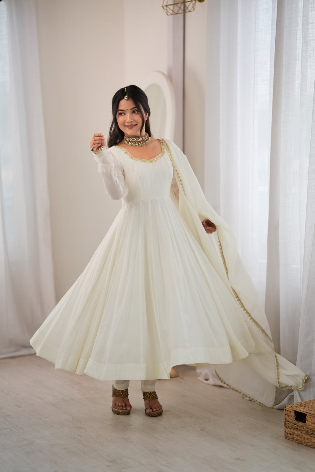 White Heavy Pure Mal Chanderi Anarkali Gown Clothsvilla