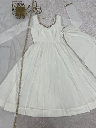 White Heavy Pure Mal Chanderi Anarkali Gown Clothsvilla