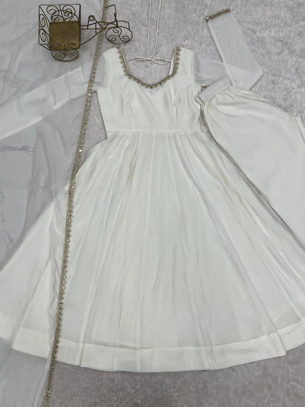 White Heavy Pure Mal Chanderi Anarkali Gown Clothsvilla
