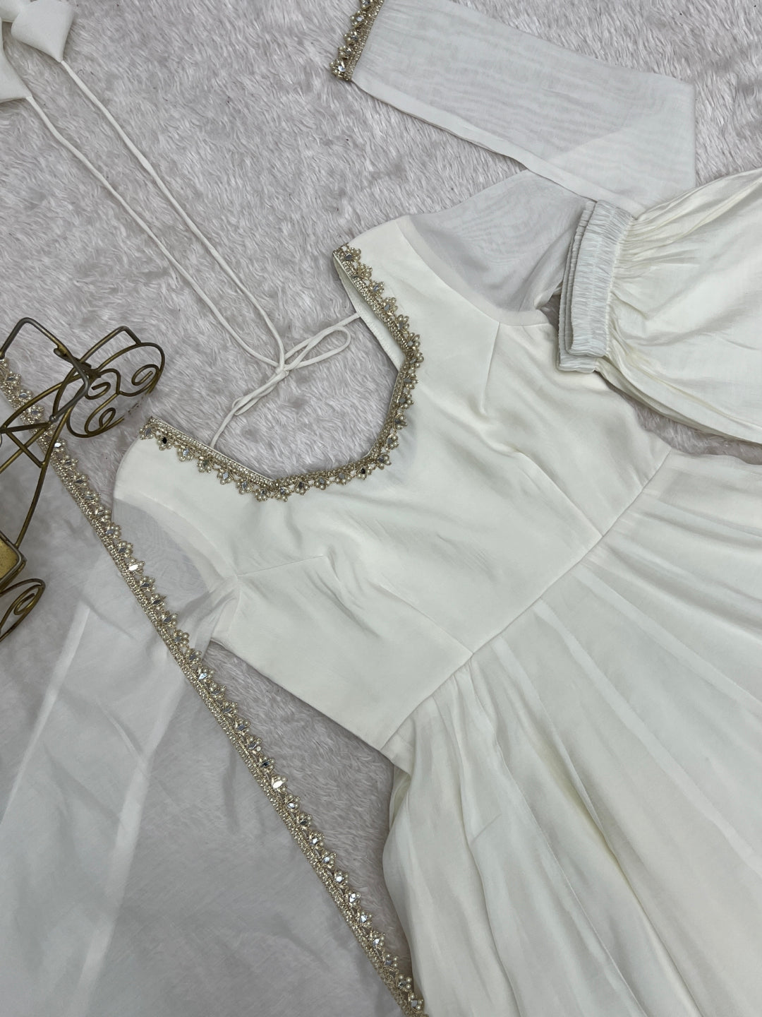 White Heavy Pure Mal Chanderi Anarkali Gown Clothsvilla