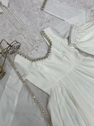 White Heavy Pure Mal Chanderi Anarkali Gown Clothsvilla