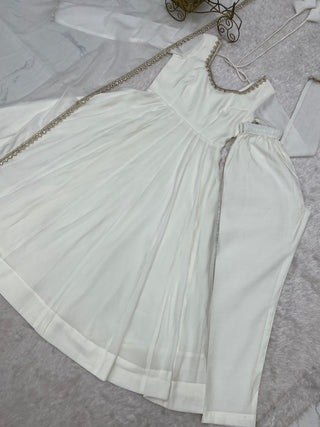 White Heavy Pure Mal Chanderi Anarkali Gown Clothsvilla