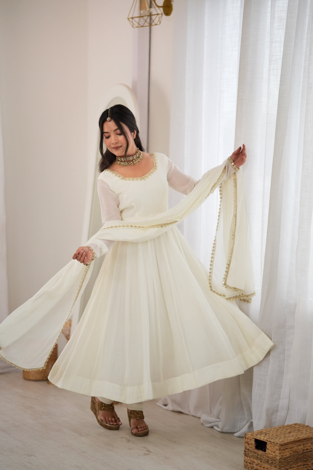 White Heavy Pure Mal Chanderi Anarkali Gown Clothsvilla