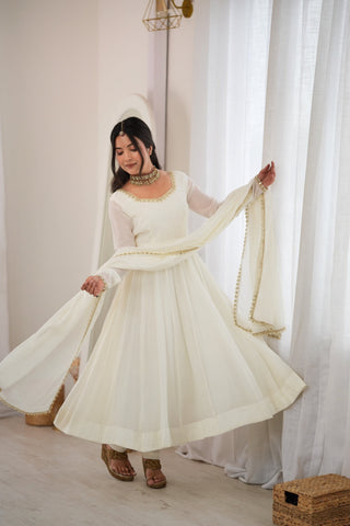 White Heavy Pure Mal Chanderi Anarkali Gown Clothsvilla