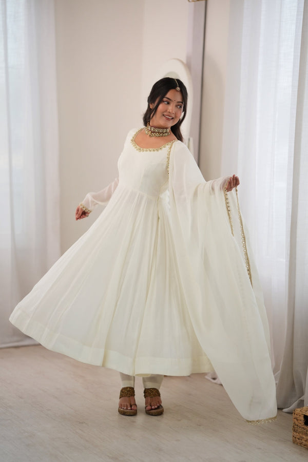 White Heavy Pure Mal Chanderi Anarkali Gown Clothsvilla