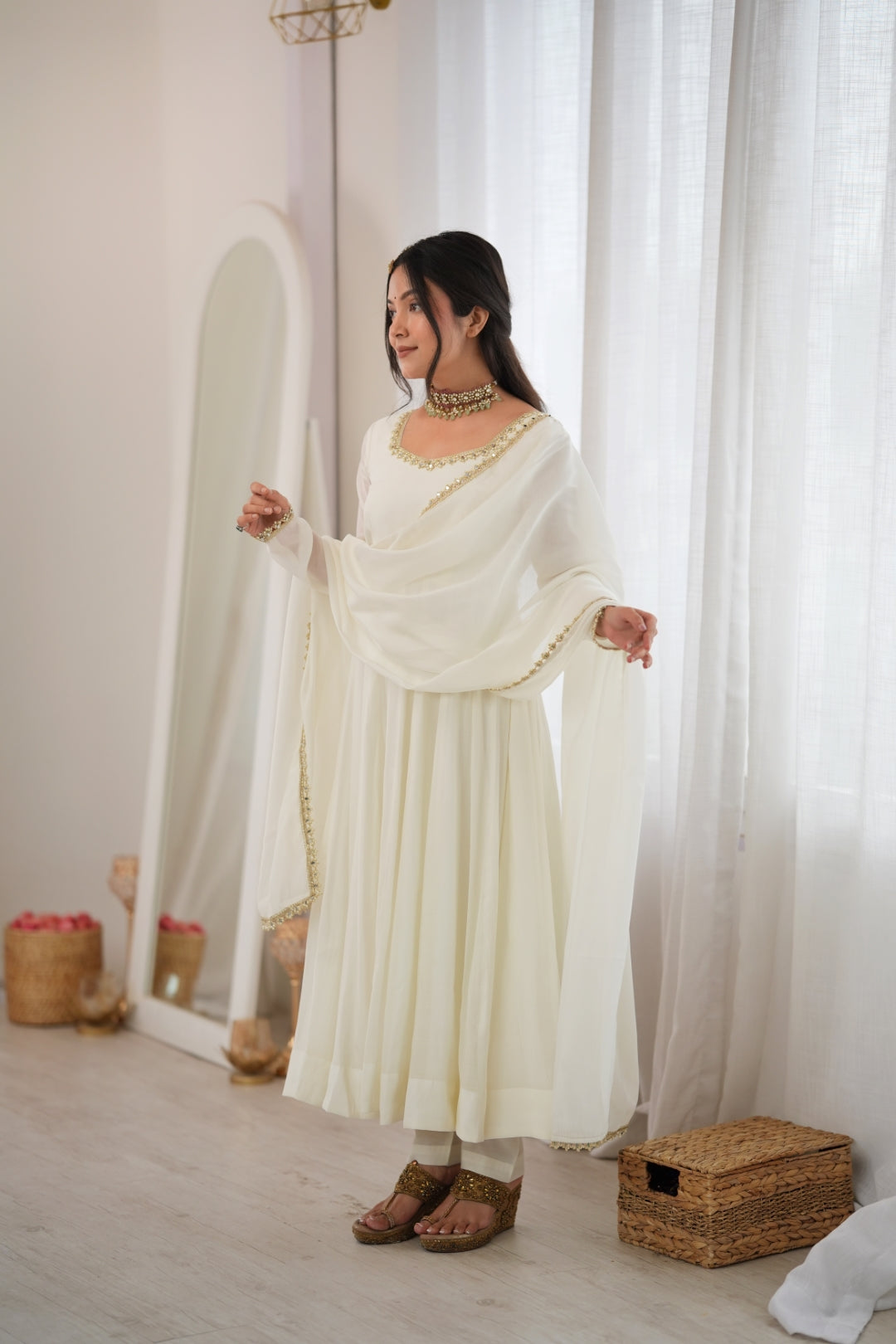 White Heavy Pure Mal Chanderi Anarkali Gown Clothsvilla