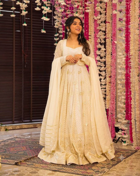White Heavy Sequin Anarkali Suit ClothsVilla Main image