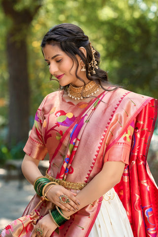 White Jacquard Silk Paithani Lehenga Choli Set ClothsVilla