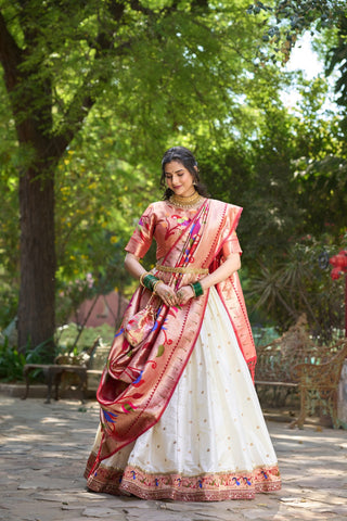 White Jacquard Silk Paithani Lehenga Choli Set ClothsVilla