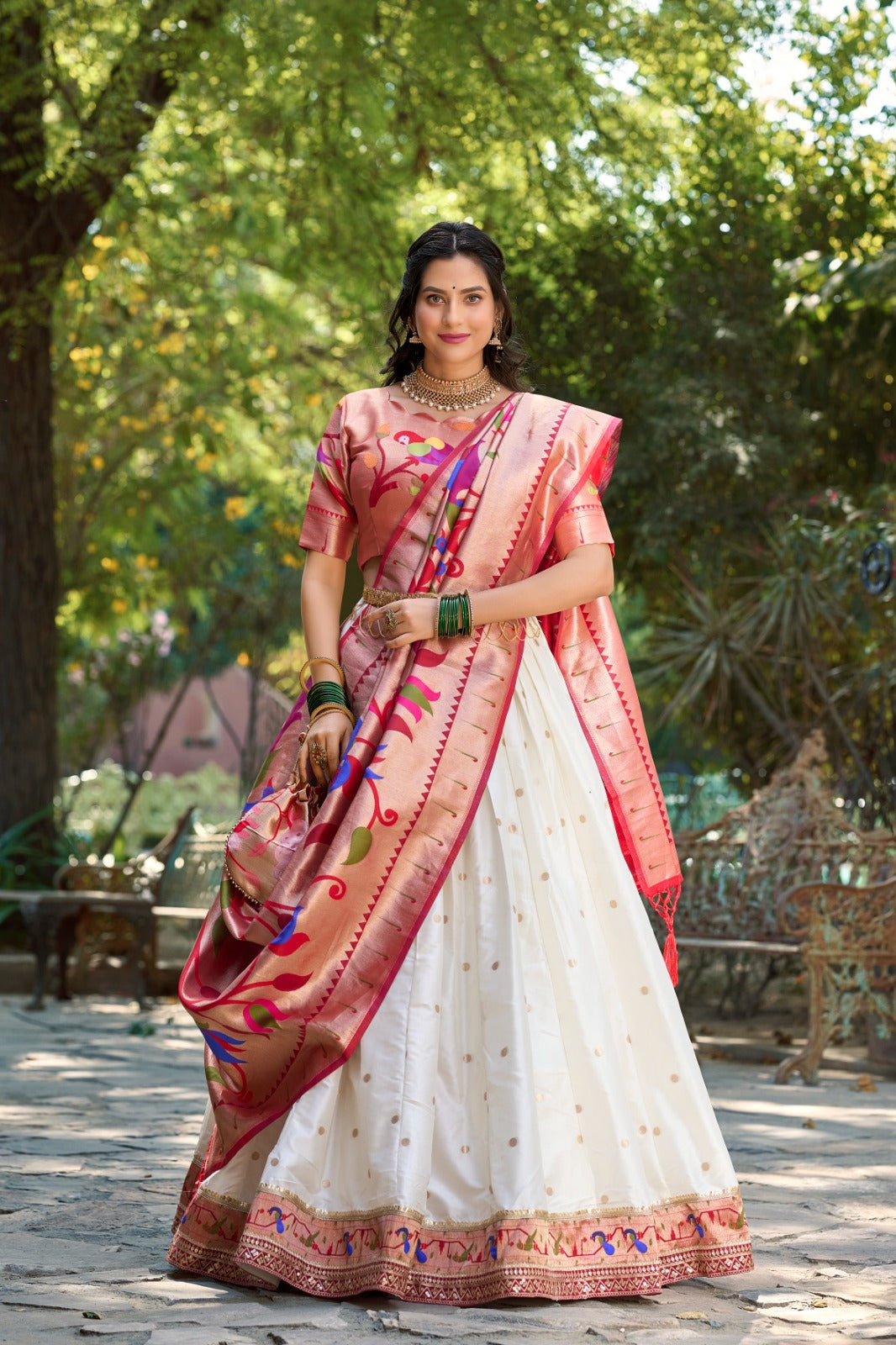 White Jacquard Silk Paithani Lehenga Choli Set ClothsVilla
