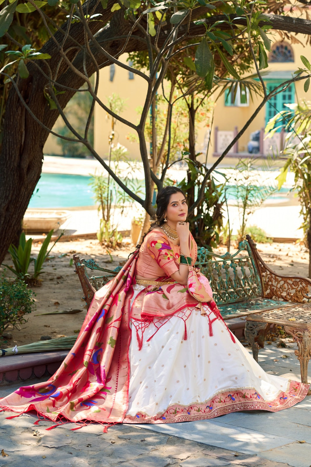 White Jacquard Silk Paithani Lehenga Choli Set ClothsVilla