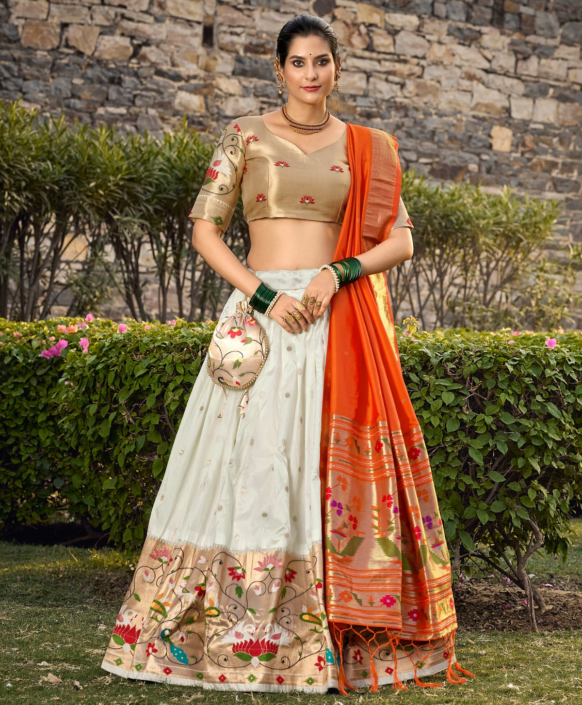 White Jacquard Silk Paithani Lehenga Choli ClothsVilla Main image