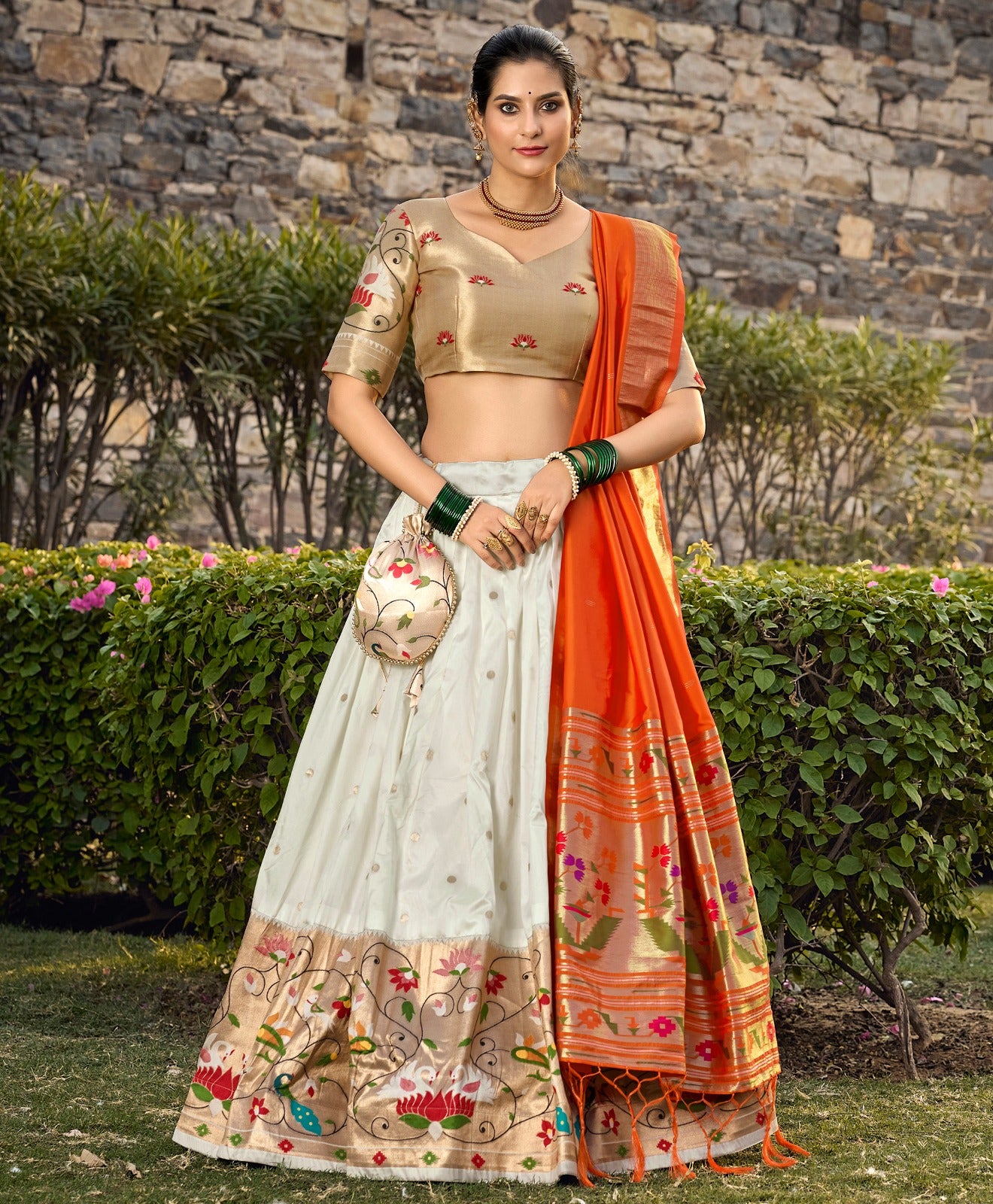 White Jacquard Silk Paithani Lehenga Choli ClothsVilla Main image