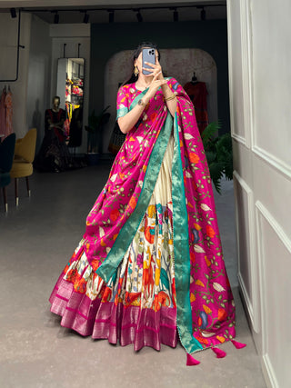 White Kalamkari Dola Silk Lehenga Choli Set with Zari Borders ClothsVilla