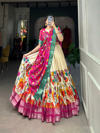 White Kalamkari Dola Silk Lehenga Choli Set with Zari Borders ClothsVilla