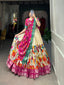 White Kalamkari Dola Silk Lehenga Choli Set with Zari Borders ClothsVilla