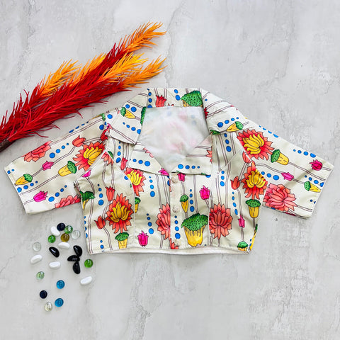 White Kalamkari Print Blouse in Chilly Silk ClothsVilla Main image