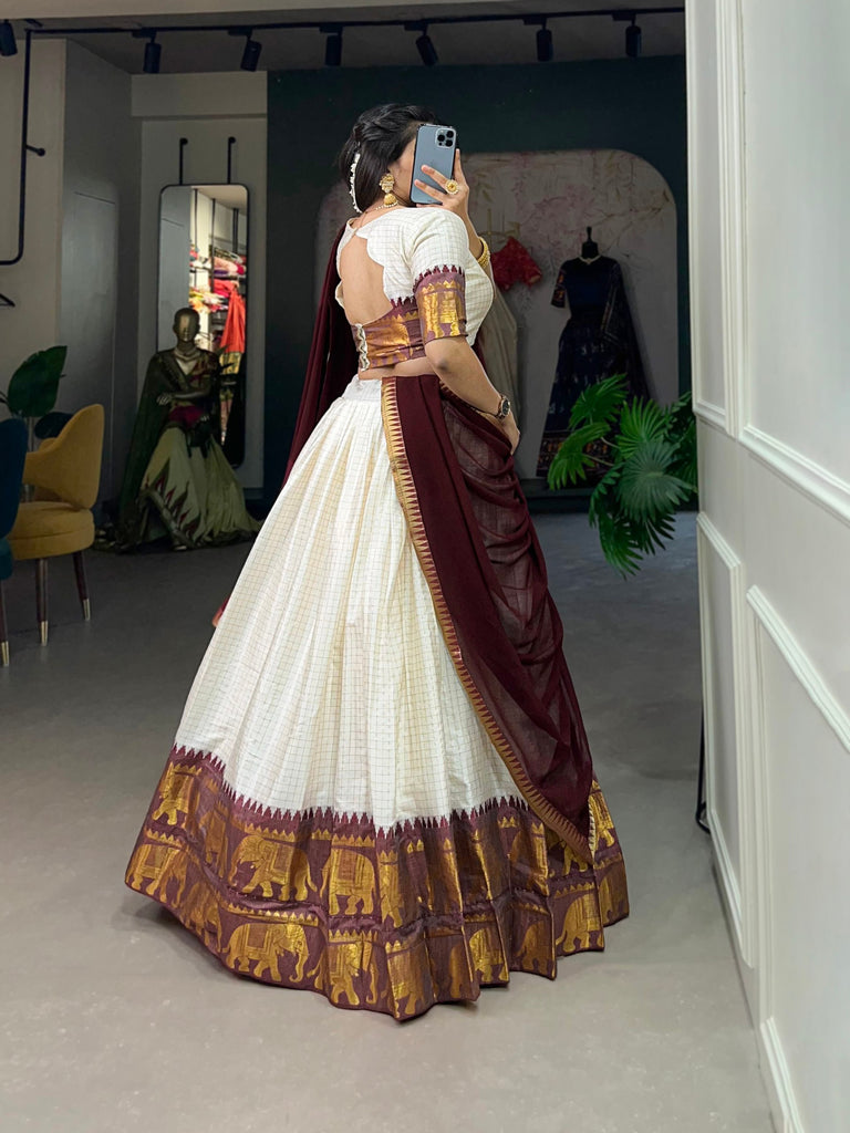 White Kalyani Cotton Lehenga Choli Set with Flowy Georgette Dupatta for Timeless Elegance ClothsVilla