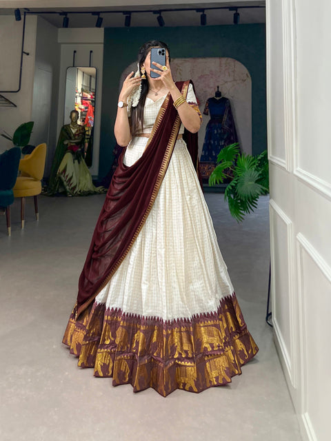 White Kalyani Cotton Lehenga Choli Set with Flowy Georgette Dupatta for Timeless Elegance ClothsVilla Main image