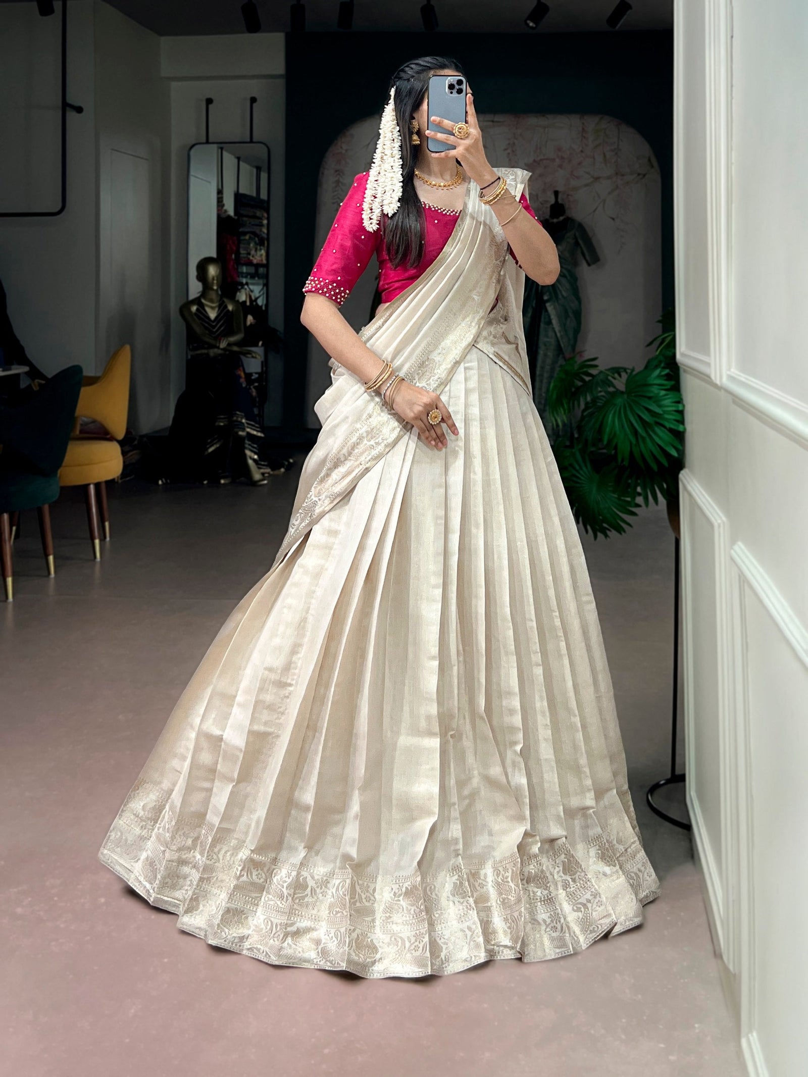 White Kanjivaram Lehenga Choli Set ClothsVilla