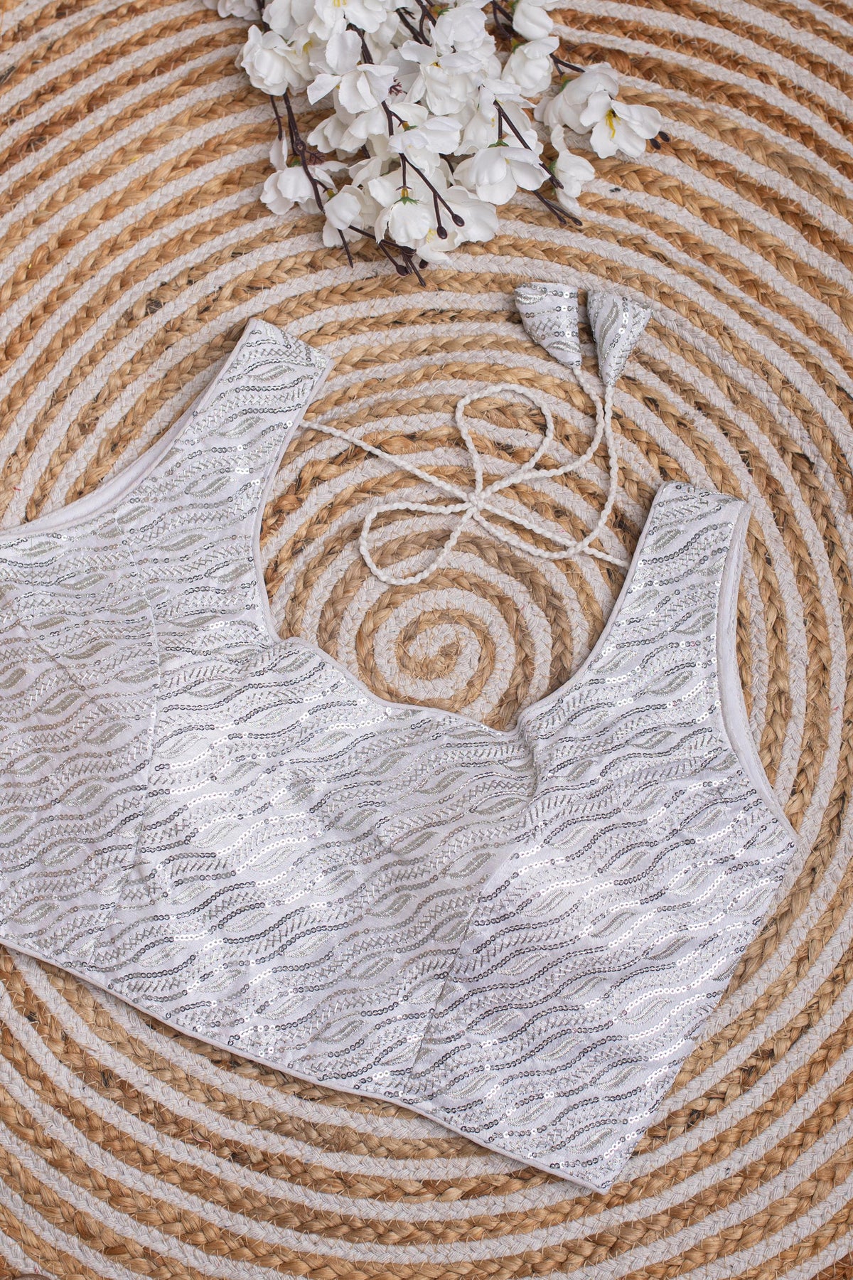 White Kashish Silk Blouse with Tone-to-Tone Sequin Work ClothsVilla Main image