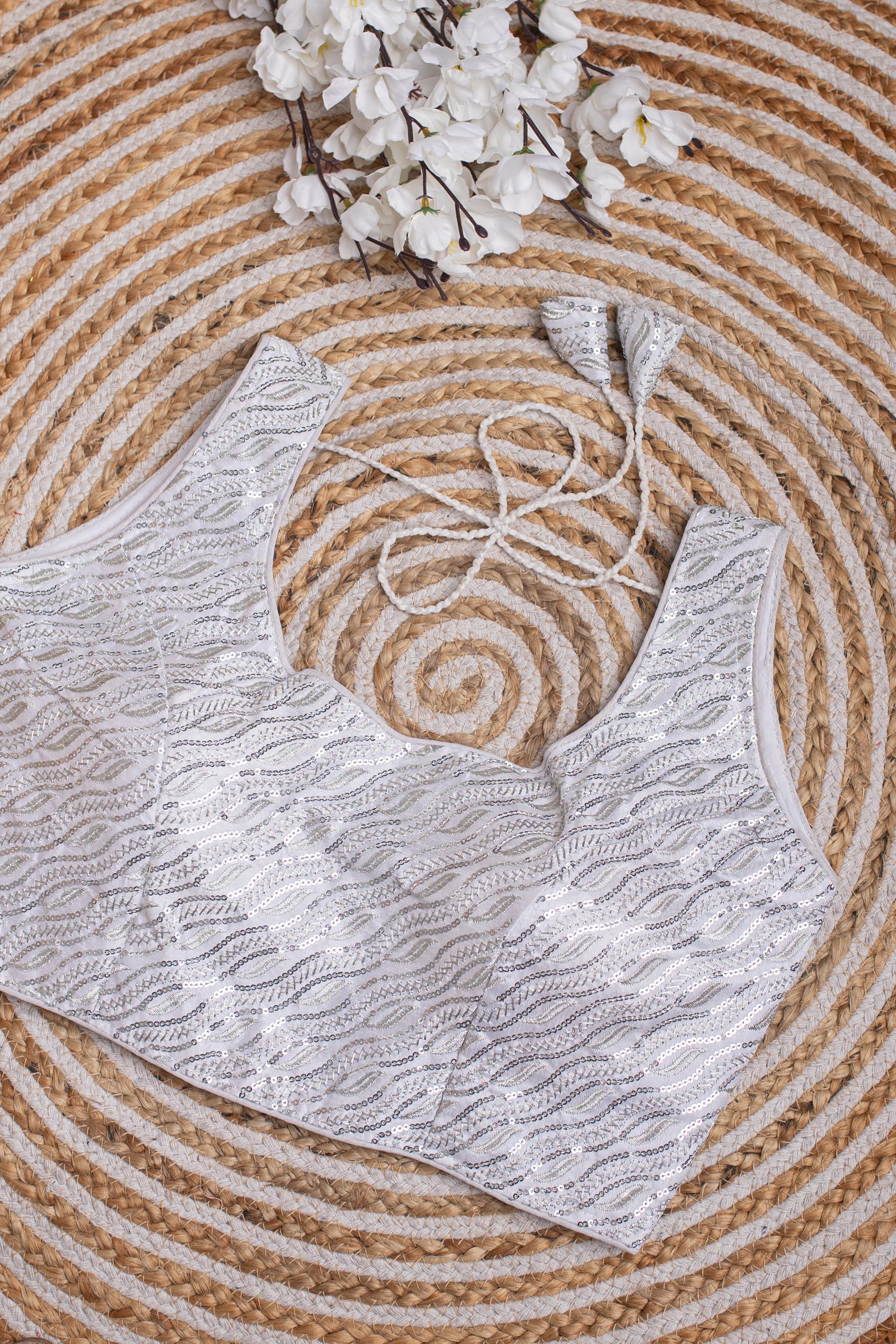 White Kashish Silk Blouse with Tone-to-Tone Sequin Work ClothsVilla Main image