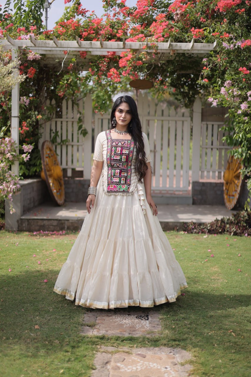 White Kora Cotton Lehenga with Kutchi Work ClothsVilla