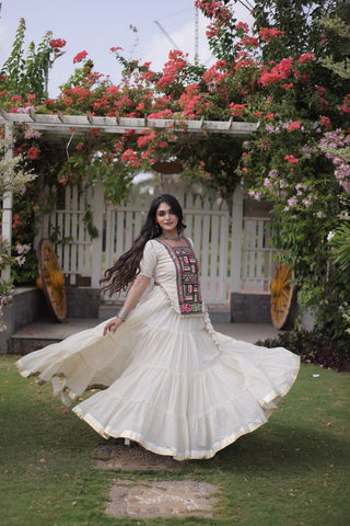 White Kora Cotton Lehenga with Kutchi Work ClothsVilla