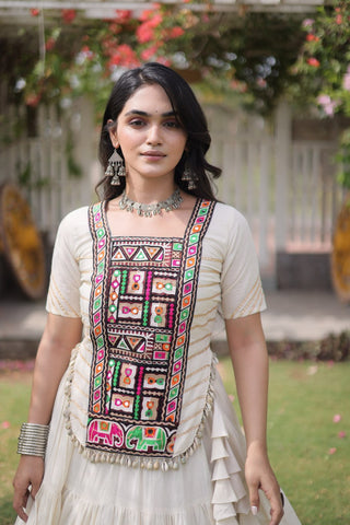 White Kora Cotton Lehenga with Kutchi Work ClothsVilla