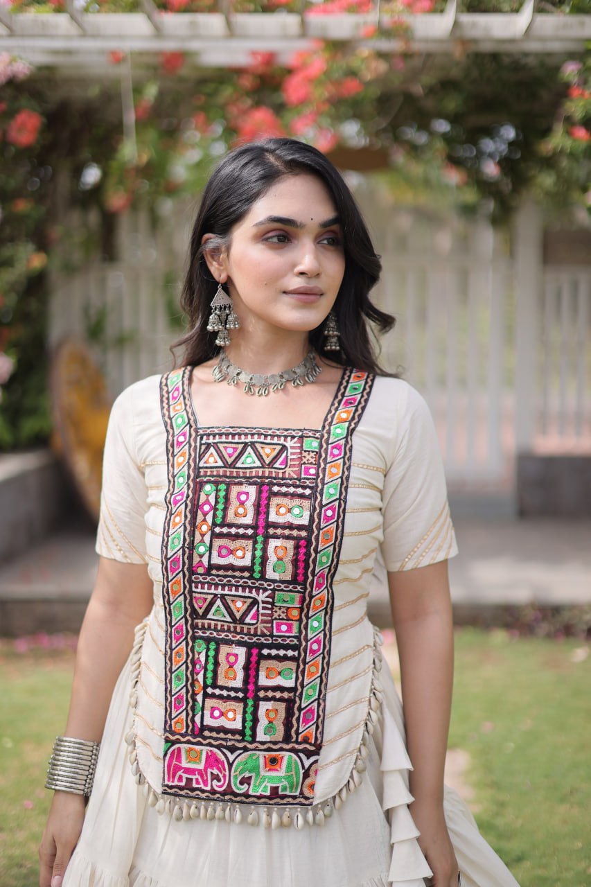 White Kora Cotton Lehenga with Kutchi Work ClothsVilla