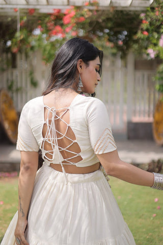 White Kora Cotton Lehenga with Kutchi Work ClothsVilla