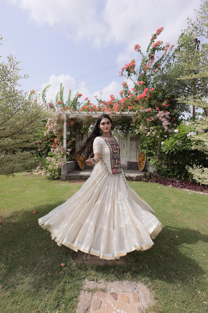 White Kora Cotton Lehenga with Kutchi Work ClothsVilla