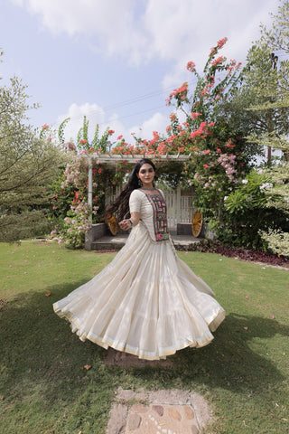 White Kora Cotton Lehenga with Kutchi Work ClothsVilla
